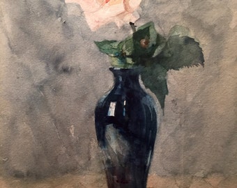 Pink rose in a vase (antique watercolor painting)