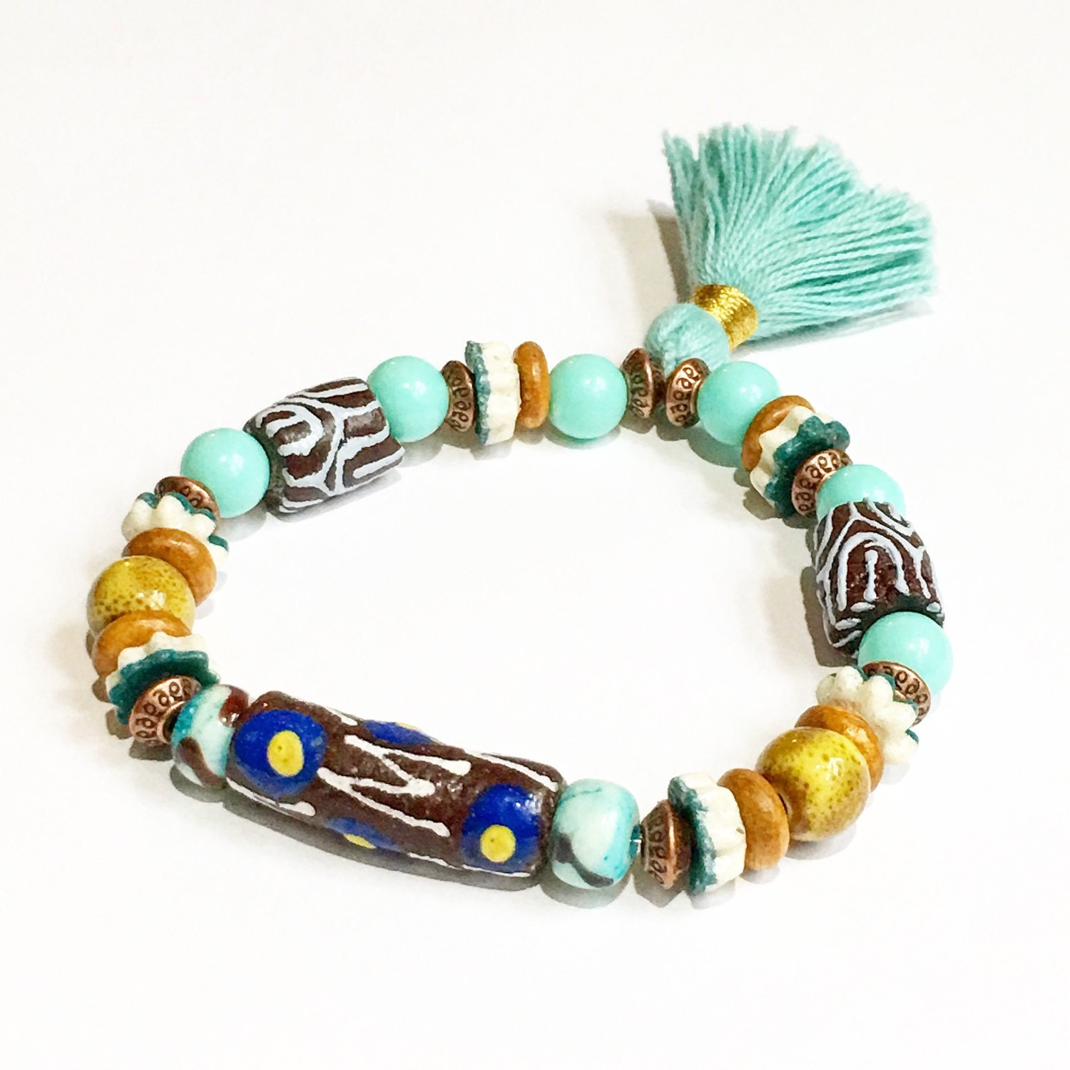 Aqua African Krobo Bead Bracelet Stretch Tribal Bracelet