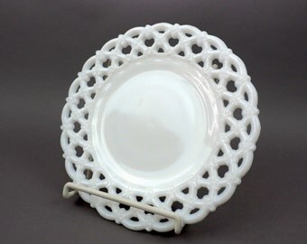 Westmoreland Milk Glass Plate, Forget Me Not Triple Row, set of 2, Vintage Opal Glass Stamp Plate, 8" Open Weave Edge, Priced/Pair