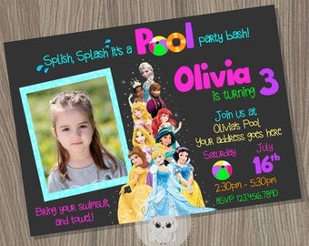 Disney Princess Invitation, Pool Princess Birthday Invitation, Disney Princess Party, Pool Party Invitation, Summer Party, Princess Birthday