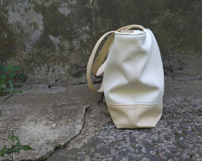 Vegan Leather Bag Shoulder Bag White-beige Large Tote Handbag Woman gift Vegan Leather handbag