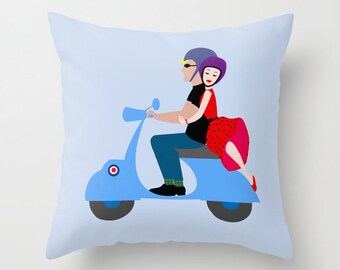 Blue motorcycle pillow cover-Scooter-Floor pillow-Pop art pillow-Love-Valentines-Cool retro pillow-Sixties cushion-Modern-16x16-18x18-20x20