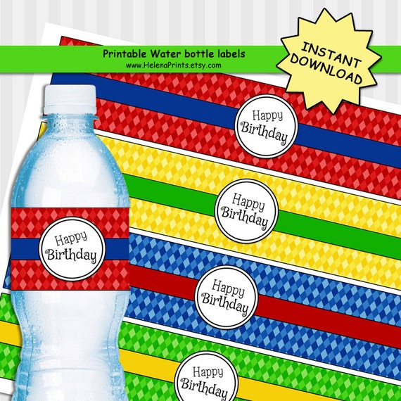 Printable Water Bottle Labels Primary Color by HelenaPrints