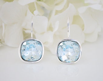 Pale blue cushion cut wedding earring, Swarovski azore bridal earring, Bridesmaid earring