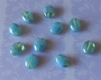 10 Czech glass "beetle" beads, aqua & peridot