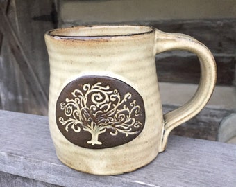 Tree of Life pottery mug, wheel thrown stoneware clay