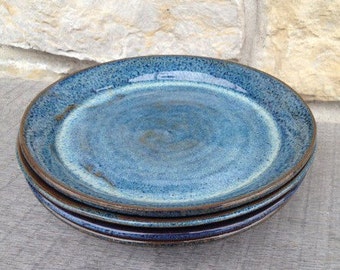 Blue Pottery Salad Plate. Wheel Thrown, Stoneware Pottery