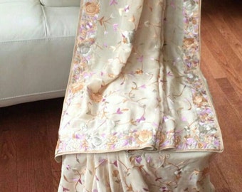 Cream All Over Parsi Gara Hand embroidered saree on Pure Italian Crepe (Brand New)~FREE SHIPPING