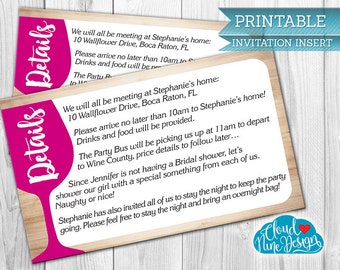 Bachelorette Invitation Insert-Bachelorette Wine Tasting, Wine Tour-Custom Insert for matching invitation-PRINTABLE(invitation NOT included)
