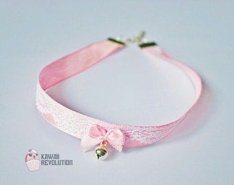 Choker Lolita Pastel Goth with Ribbon bell ddlg petplay kittenplay kink pet play kitten play collar bdsm fetish collar day choker plus sized