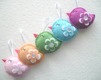 Home felt decor, Felt Birds Ornaments Rainbow, Felt Ornaments, Set of 5 pieces, cute birds, pink, nude, mint green, sky blue, purple