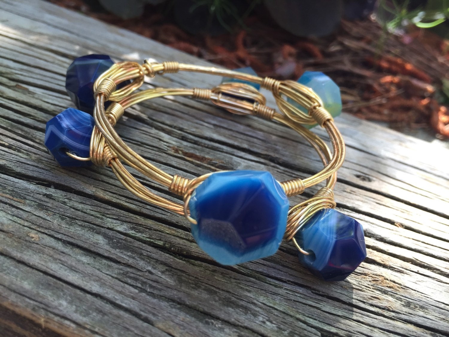 Blue agate stone bangle bracelet by iheartlulabees on Etsy