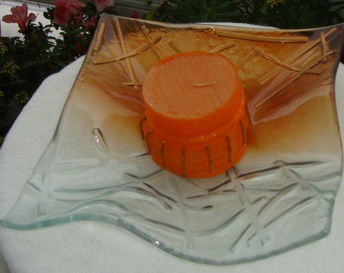 Vintage Quadrate Crackeled Handmade Fused Glass Bowl, Decorative Bowl, Caramel Clear Fused Glass Plate, Housewarming Gift, Modern Art Glass