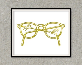 glasses frames, Gold Foil Art, Eye Glasses Print, Gold Eyeglasses, Foil Wall Art, glasses art