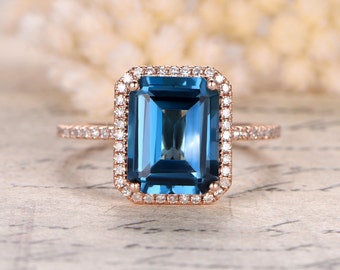 London Blue Topaz Ring,8x10mm Emerald Cut Topaz Engagement Ring,14K Rose Gold,London Blue Topaz Engagement Ring,Mother's Day Gift