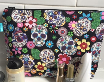 sugar skull large makeup bag, skull toiletry bag, alternative make-up bag, day of the dead, teen gift, travel gift, gift for her, organised