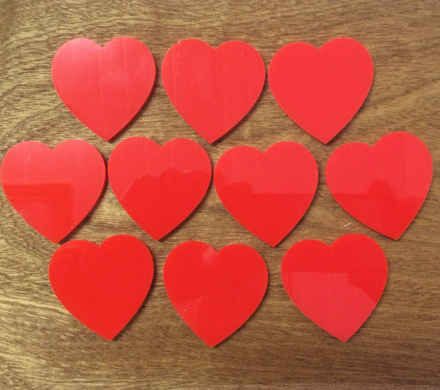 Multiple packs of 10 Red Acrylic Heart 40mm x 40mm x 3mm