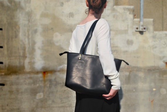 Black Leather Shoulder Bag Tote with Zipper Leather Tote