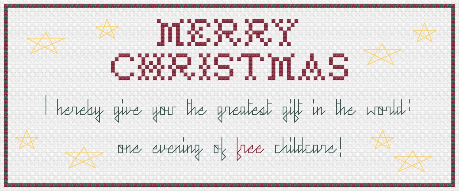 Merry Christmas Babysitting Coupon cross stitch pattern