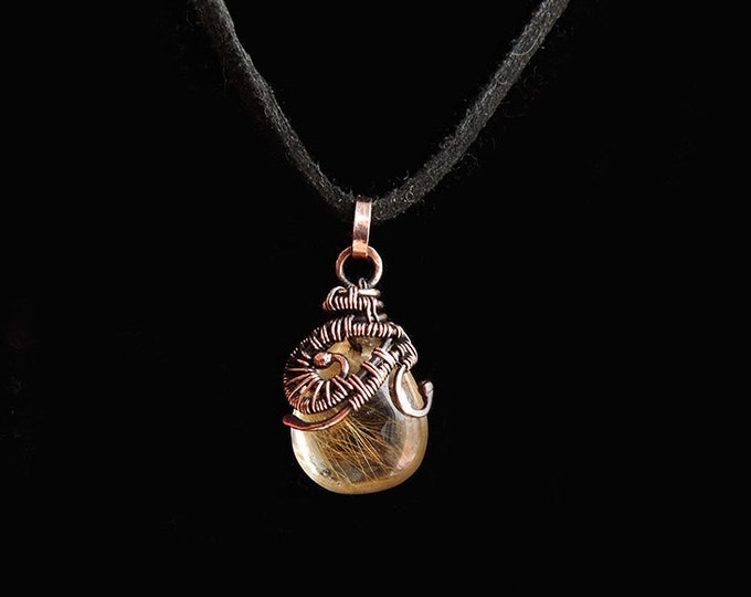 Golden Rutilated Quartz, small pendant, wire wrapped, boho style, Copper wire winding, Natural stone necklace, Semi precious, metal jewelry