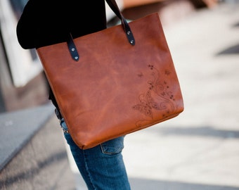 leather tote bag leather handbag leather shopping bag leather shoulder bag brown leather tote bag brown vintage bag with print butterfly