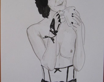 dessin erotique nu feminin original erotic nude drawing painting "Café mature"