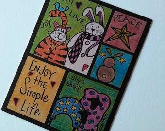 Encouragement Card, Whimsical Gift Card, Homemade Card, Sheep Cat Rabbit Card, Doodle Art, Original Art, Eco Friendly Recycled Paper