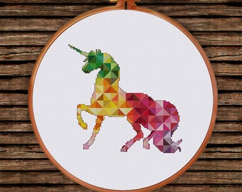 Geometric Unicorn cross stitch pattern| Modern baby fantasy animal counted chart| Colorful nursery design| DIY room house decor shower gift