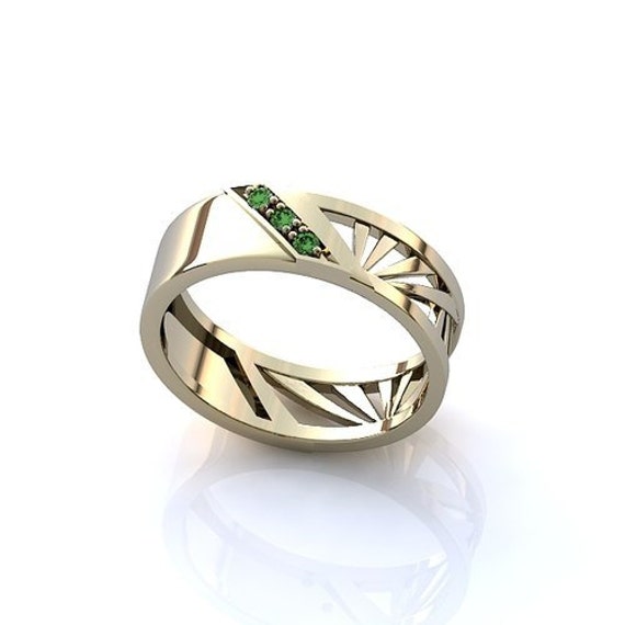 White Gold Emerald Wedding Band Mens Gold Band by WorldOfGold