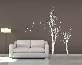 Tree Wall Decal with Flock of Flying Birds | Tree Branches Wall Sticker | Forest Wall Decor