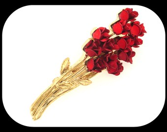 Vintage Marked DM 97 Red Rose Flower Bouquet Gold Plated & Enamel BROOCH 2"
