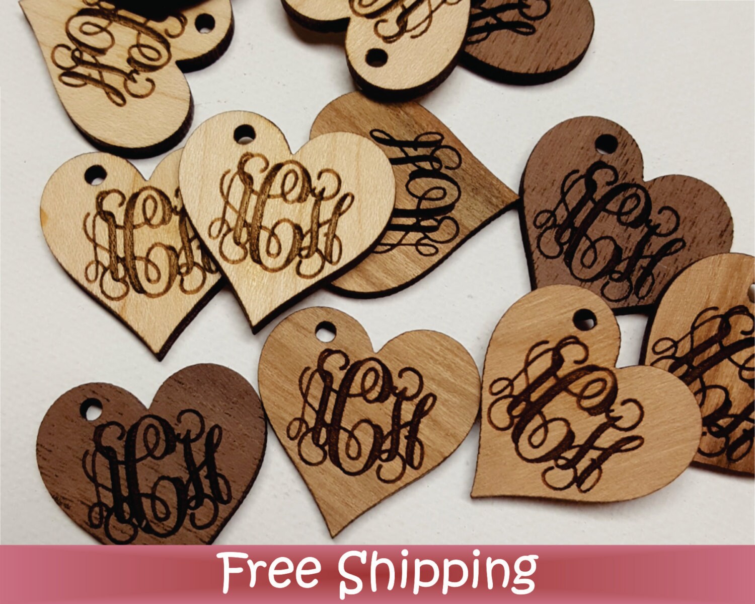 50 Custom Wood Tags 1 Heart Laser cut & Engraved