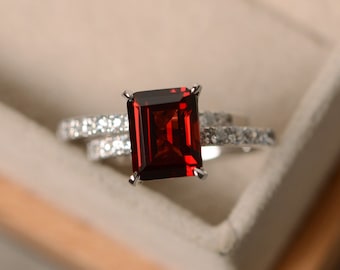 Emerald cut garnet ring, sterling silver, engagement ring, January birthstone, red gemstone ring garnet