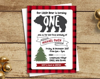 Lumberjack First Birthday Invitation, Red and Black Plaid Invitation, Rustic First Birthday Invite, Bear Wild One Birthday Invitation