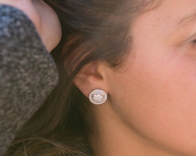 CZ and Baguette Disc Stud Earrings