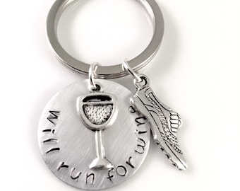 Running shoe keychain, wine keychain, run for wine keychain, backpack charm, 5K keychain, quote keychain