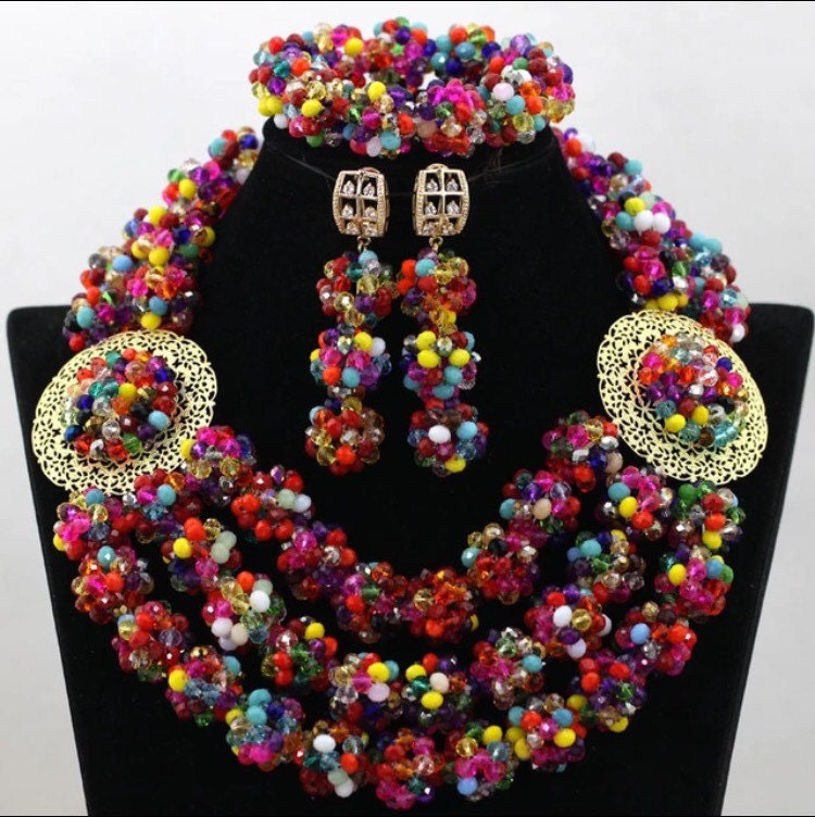 1 Layer Multicoloured African Nigerian Beads Necklace Set for
