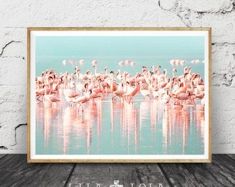 Tropical Wall Art Decor, Flamingos Print, Flock of Birds, Modern Colour Photography, Pink and Blue, Pastel Water, Printable Instant Download