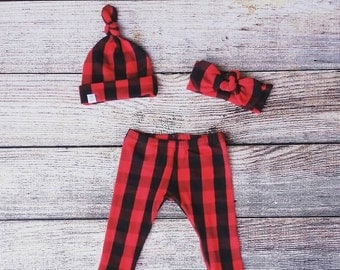 Buffalo plaid leggings with matching knot headband OR beanie / Baby outfit / Toddler outfit / lumbarjack