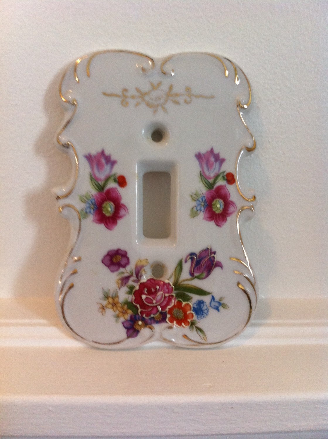 Vintage Switch Plate White Ceramic Single Cover Flower