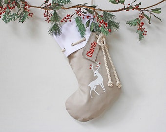 Personalised Christmas Stocking in stone with Reindeer, Christmas Decor, Santa Stocking, Christmas Decoration,