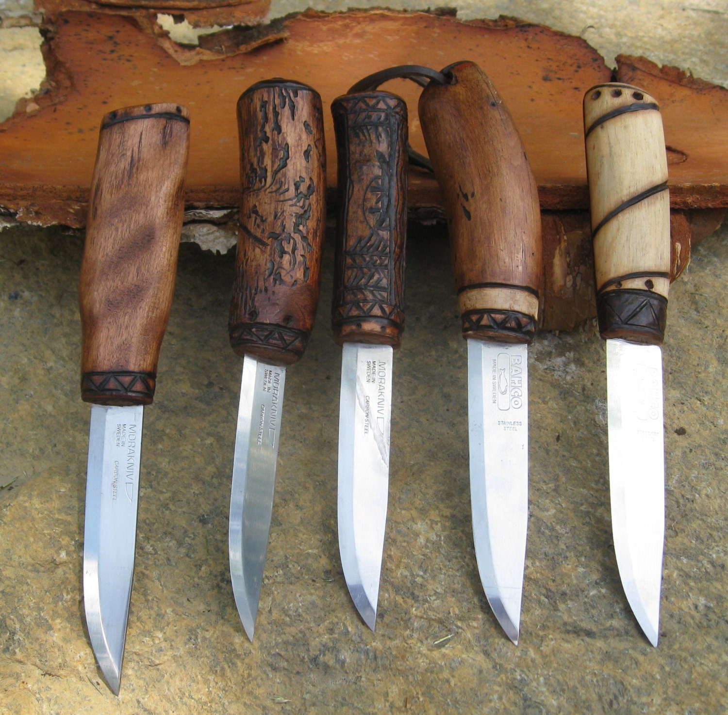 5 Custom made Bushcraft Knives made from Mora blade Creation