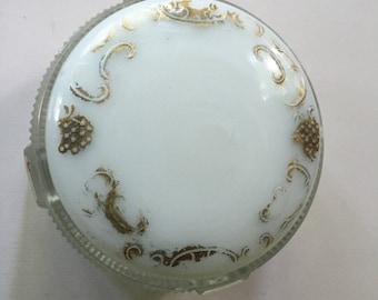 Antique milk glass vanity jar, 1930, lid rests inside top of jar, fair condition, gilt trim rubbed off in areas