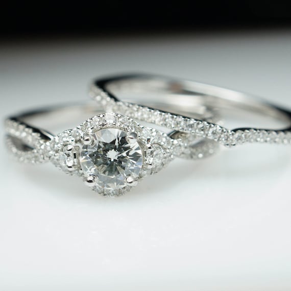 Criss Cross Bridal Set! 14k White Gold Natural Diamond Engagement Ring and Wedding Band Solitaire, Halo, and Accents