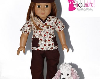 American made Girl Doll Clothes, 18 inch Girl Doll Clothing, Brown Veterinarian Scrubs made to fit like American girl doll clothes