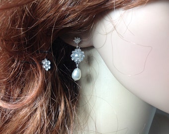 Bridal Pearl Earrings, Wedding Earrings, Crystal Pearl Earrings, Sterling Silver Earrings, Swarovski Pearl Earrings, Bridal Drop Earrings