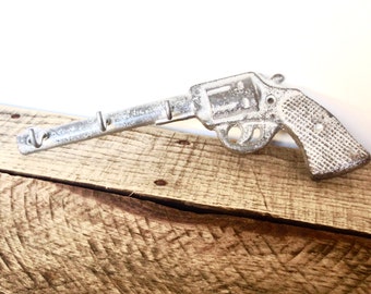 Silver Gun Key Hook - Hunting Decor - Wall Key Holder - Entryway Wall Hooks - Gun Decor - Wall Necklace Holder - Cast Iron Hooks - Gun Hook