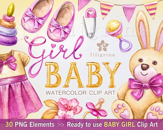 Download BABY GIRL 30 watercolor Clip Art elements. Plush toys