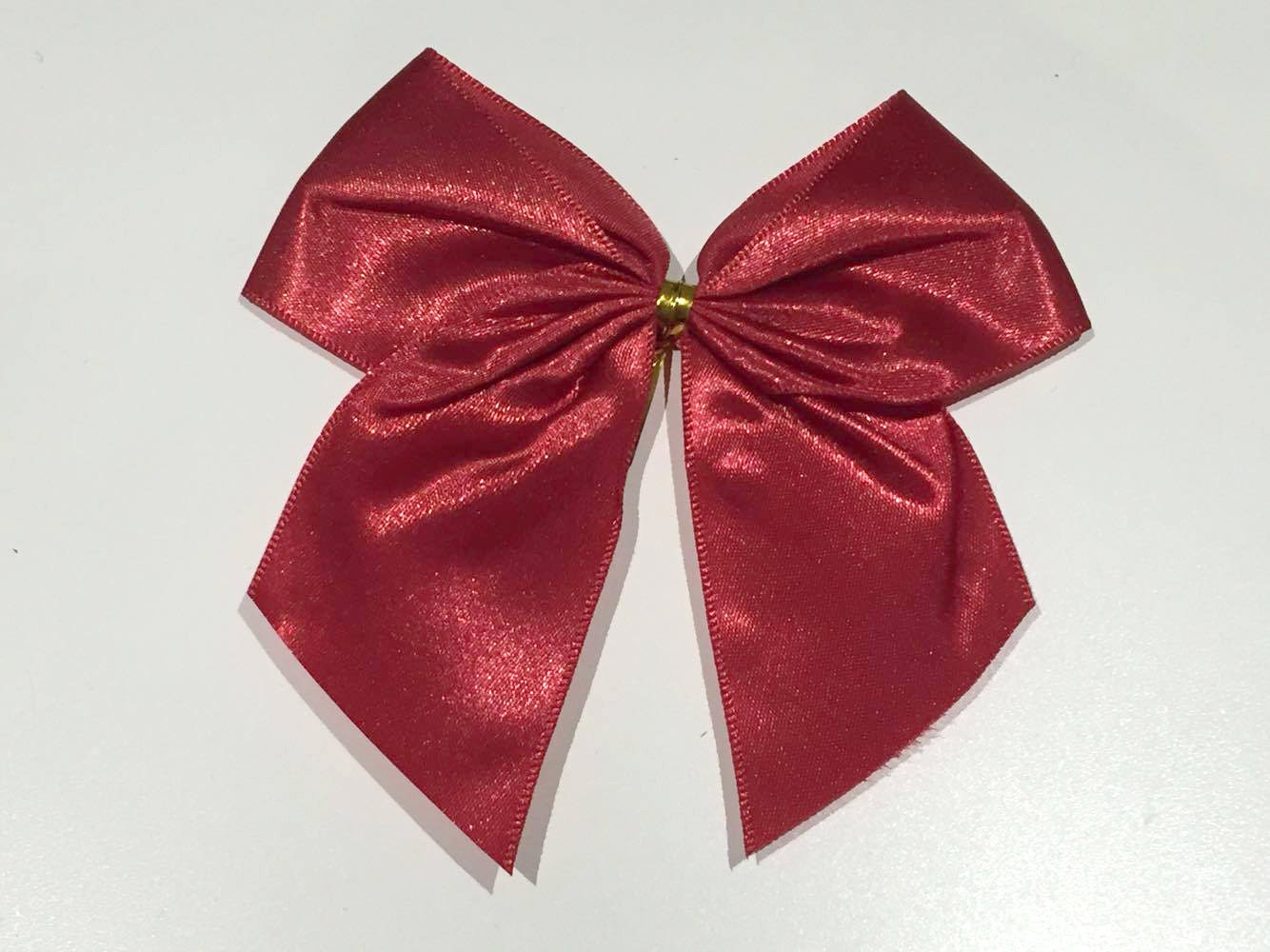 6 Extra large red satin christmas bows with gold plastic and