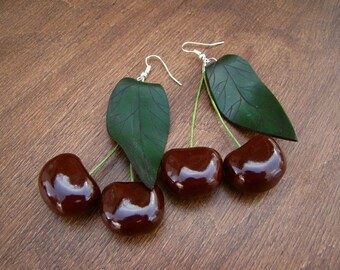 Earrings Black Cherry Red earrings jewelry Cherry earrings Handmade, vintage Cherry red earrings dangle Cherries Fruit earrings